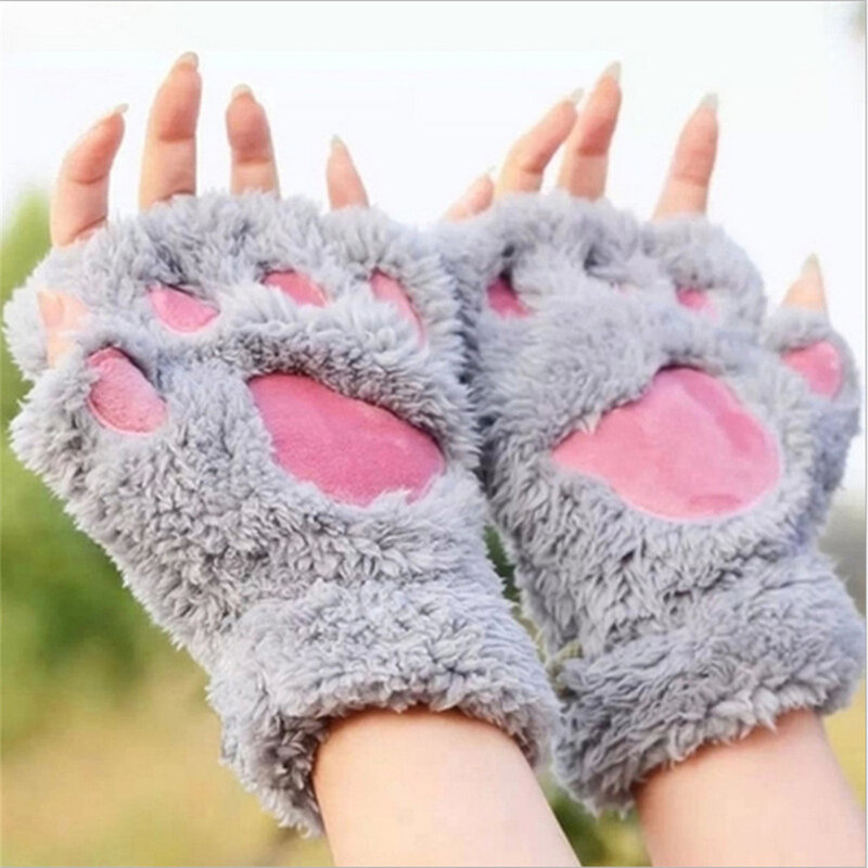 Nette Katze Pfote Finger Handschuhe Warme Weiche Plüsch Halb Finger Frauen Handschuh Lässige Fäustlinge Weihnachten Geschenke Großhandel