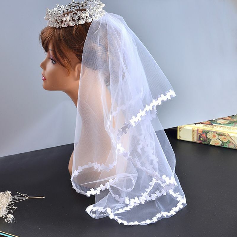 1M Single Layer Women Short Sheer Mesh Tulle Wedding Veil White Small Leaf Applique Patchwork Trim Wavy Solid Color Bridal