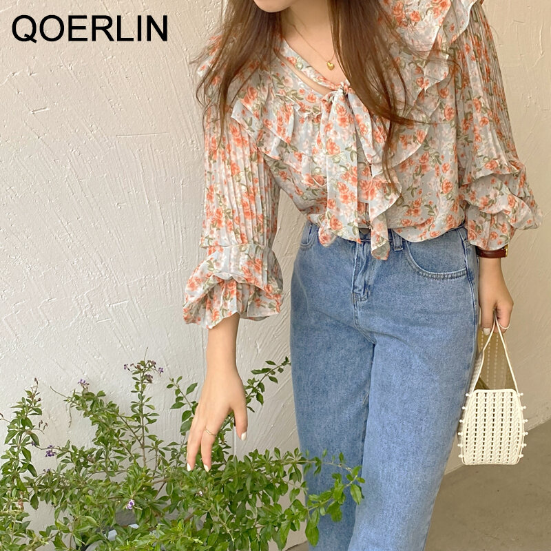 QOERLIN Koreanische Süße Elegante Damen Floral Gekräuselten Spitze-Up Shirts Gefaltet Flare Hülse Einreiher Taste Bluse