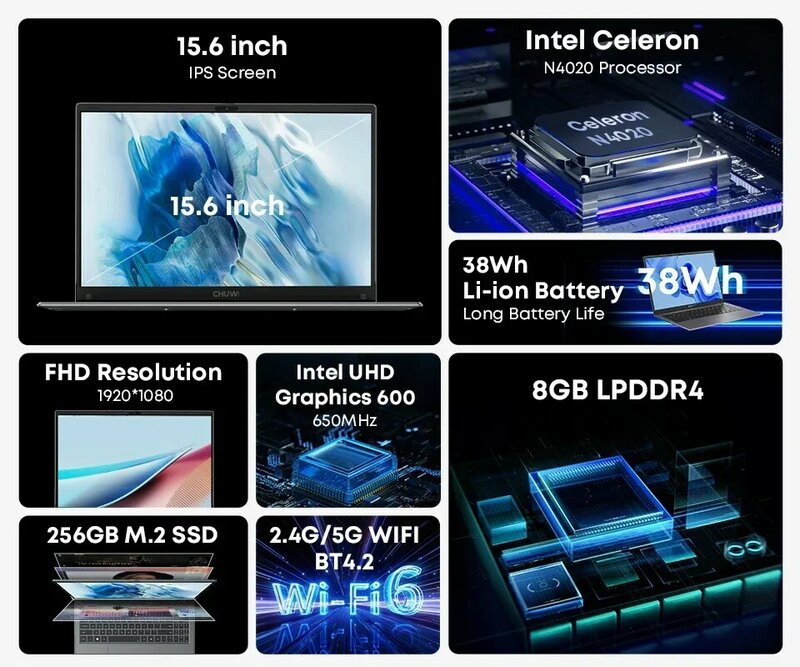 Chuwi-herobook pro/plusラップトップ,8GB RAM, 256GB SSD, Intel Celeron n4020,デュアルコア,IPSスクリーン,Windows 11