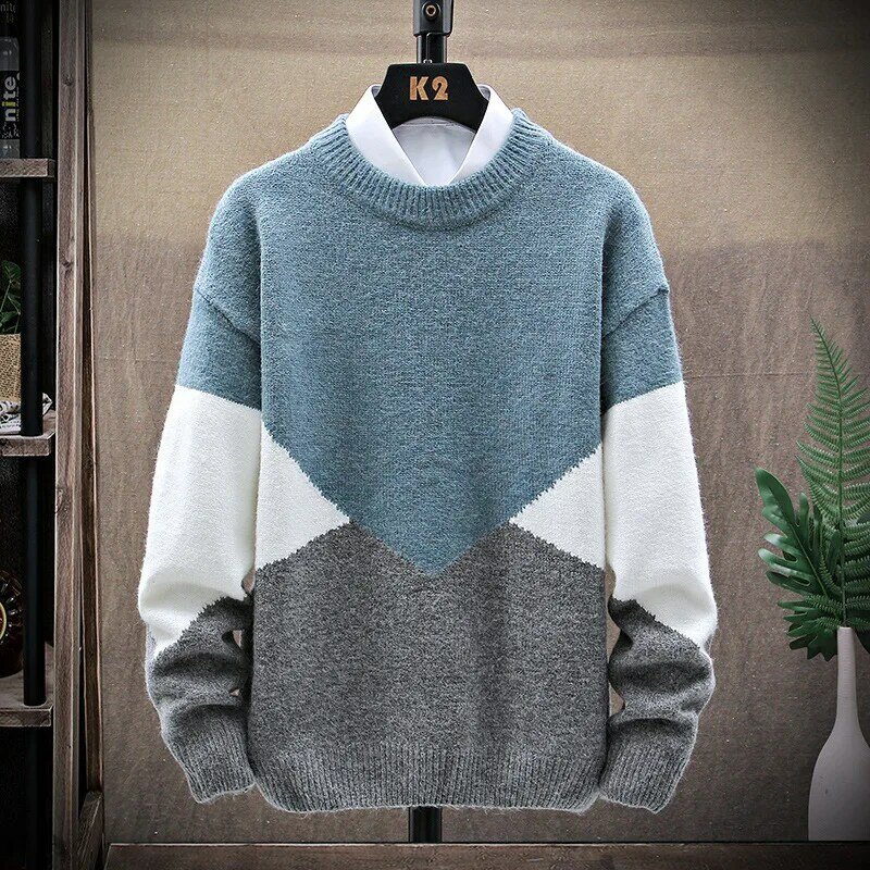 2023 jesienno-zimowe męskie swetry luźny, w stylu Basic fałszywe dwuczęściowe bluzy z dekoltem w szpic grube ciepłe wełniany sweter z dzianiny termicznej
