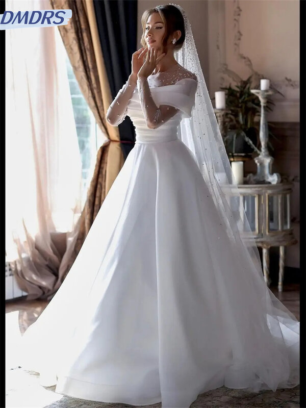 فساتين زفاف أنيقة مطرزة بالخرز ، فستان سهرة ساحر ، كم طويل كلاسيكي ، طول الأرضية ، ثوب زفاف ، صوفي