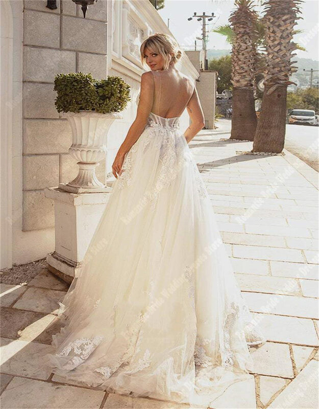 Przezroczysty, tiulowy suknie ślubne w linii A dla kobiet najnowsza księżniczka bez pleców suknie na bal maturalny nowa elegancka długość mopowania Vestidos De Novias