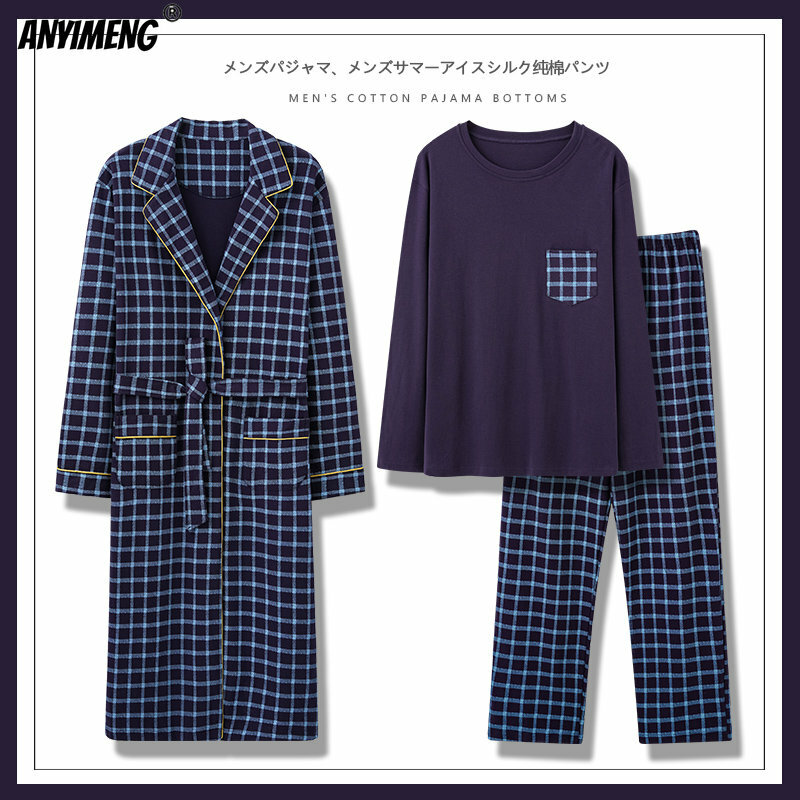 New Autumn Winter Fashion Men's 3pcs Robe+Pajamas Plus Size 4XL Pajama Set Plaid Robe Long Sleeved Pijama Soft Cotton Sleepwear