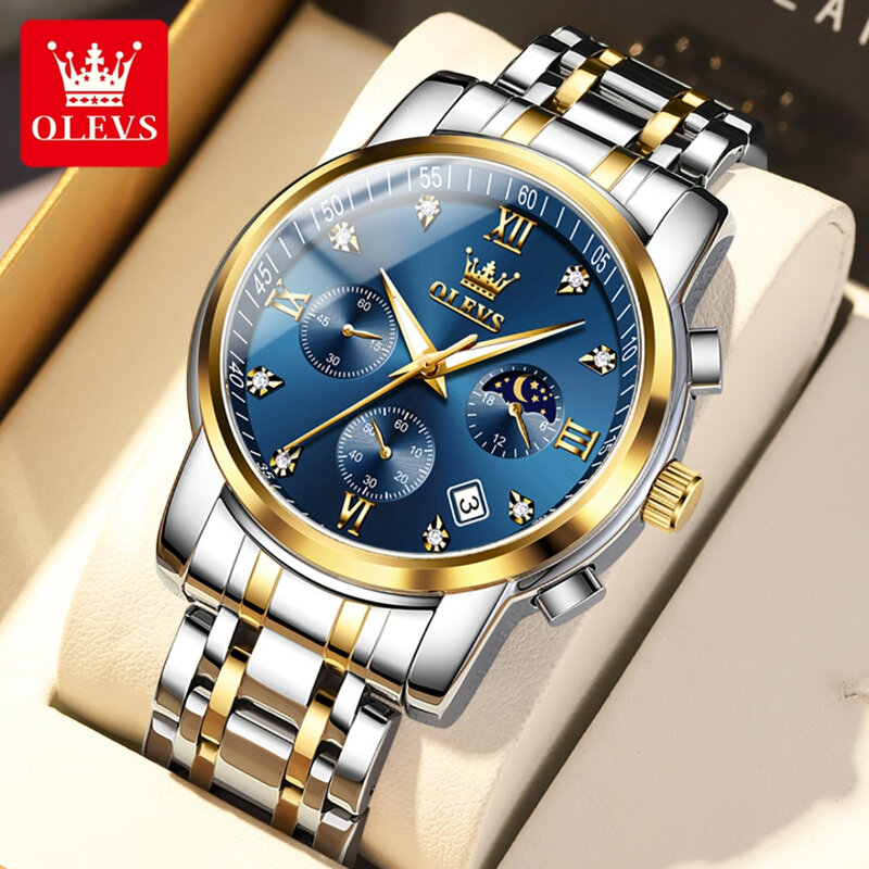 OLEVS jam tangan Stainless Steel, arloji 2858 Quartz hadiah, gelang Stainless Steel, putaran-dial fase bulan konograf kalender