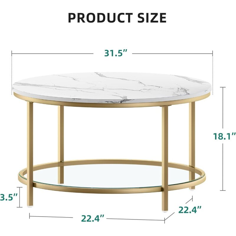 Meja kopi lingkaran 2-Tier dengan penyimpanan meja kopi bening meja restoran putih & emas perabotan Salon ruang tamu