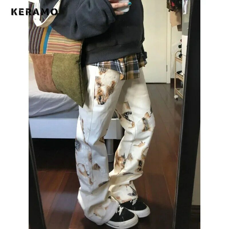 Celana Denim Harajuku sobek kasual wanita, celana Denim longgar pinggang tinggi antik Y2K kaki lebar Punk untuk Perempuan Musim Panas 2024
