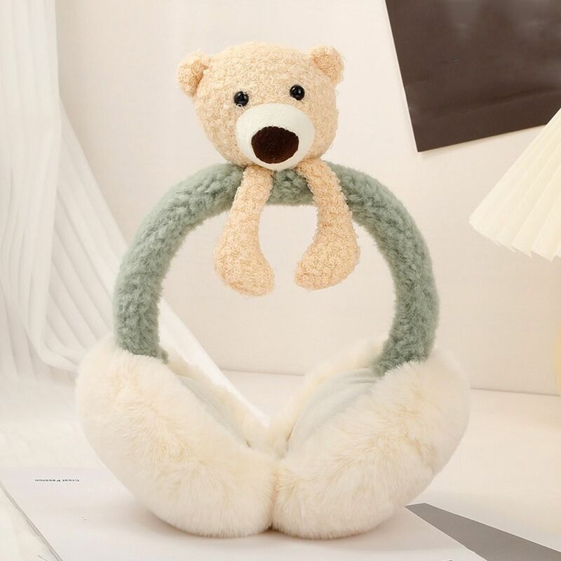 Earmuff bentuk beruang Mini kartun, penutup telinga lembut lucu musim dingin hangat warna polos dapat dilipat