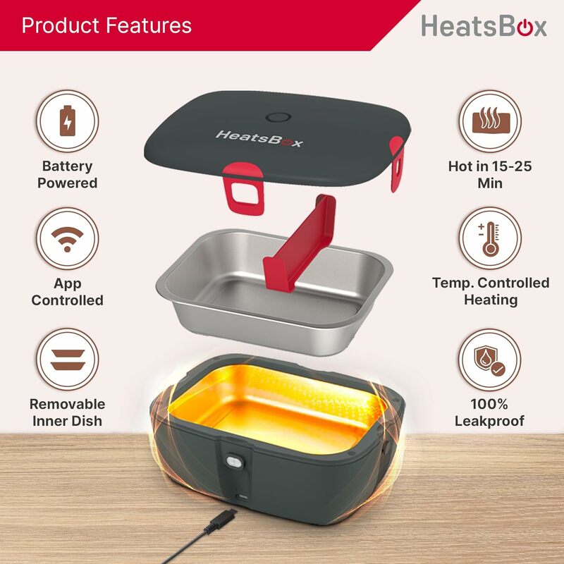 Go Lunch Box elettrico portatile-a tenuta stagna, alimentato a batteria, autoriscaldante, controllo App, piatto interno riutilizzabile, ideale per la scuola