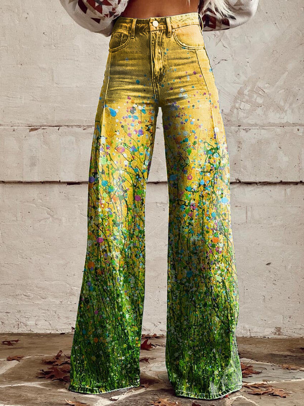 Celana panjang Denim imitasi untuk wanita, celana panjang kaki lebar, celana Boho pinggang tinggi motif bunga cetak nyaman, celana Hiking Boho wanita kuning