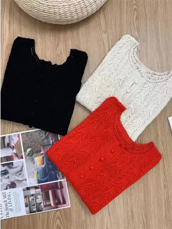 Women's Sweater 2024 New Crochet Hollow Out Round-Neck Single Breasted Slim Casual Long Sleeve Pullover