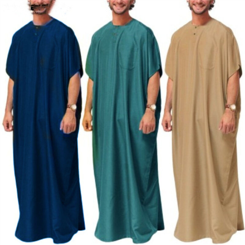 Kaftan Arab Islami untuk pria pakaian pria Muslim Timur Tengah Abaya Dubai jubah Retro longgar lengan pendek Solid Vintage