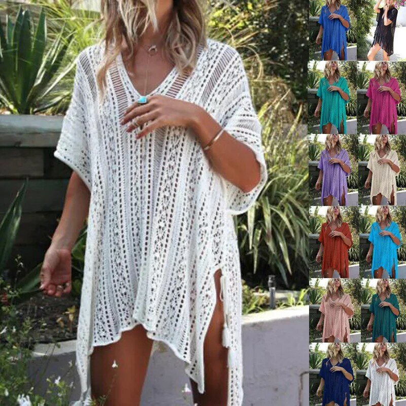 Summer Women's Vacation Swimwear Hollow Out V-neck Loose Fitting Knitted Bikini Top Beach Sun Protection Clothing Dress Cover-Up