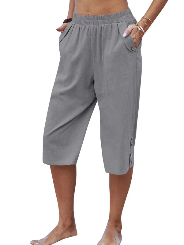 Pantalon mi-mollet pour femme, pantalon d'été en coton et lin, élastique, taille haute, monochromatique, FJM