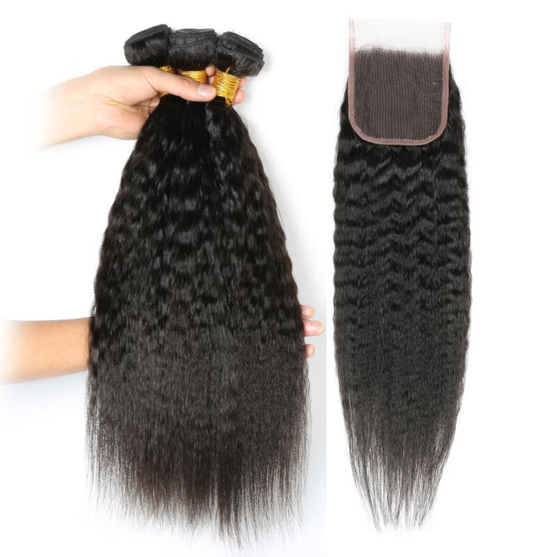 HairUGo Kinky Straight Bundles with Closure Brazilian 100% Human Hair Closure With Baby Hair Non-Remy Hair Weaving Double Weft