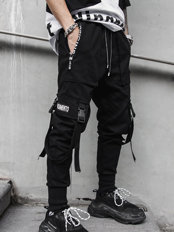 Celana Kargo Jogger untuk Pria Celana Panjang Pria Saku Warna Populer Hip Hop Kasual Celana Olahraga Pita Techwear Streetwear