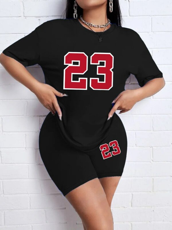 LW Round Neck Letter Print Shorts Set Summer Women Two Piece Set Sportswear T-Shirts and Shorts sets Casual Tracksuit