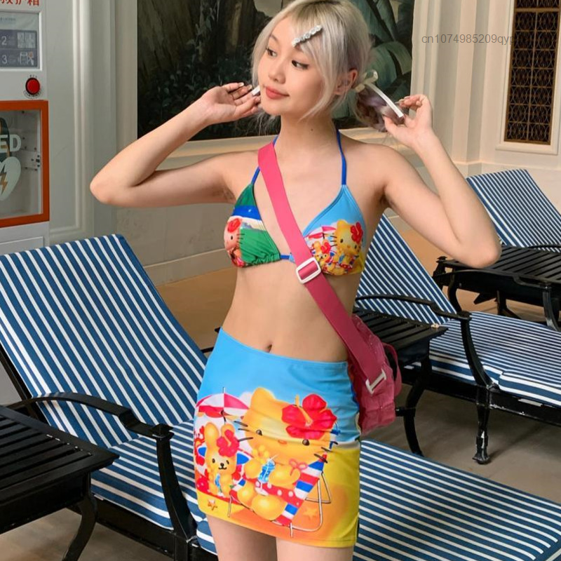 3 Stück Set Sanrio Hallo Kitty Cartoon würzige Mädchen Mode Badeanzug neue Frauen Sommer Sandstrand Badeanzug Bikini mit Rock
