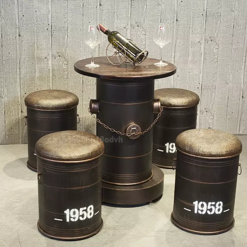 Taburete de cubo de hierro de viento Industrial antiguo Vintage, mesas y sillas de tienda de ropa de té con leche, almacenamiento doméstico, taburetes de cubo de aceite