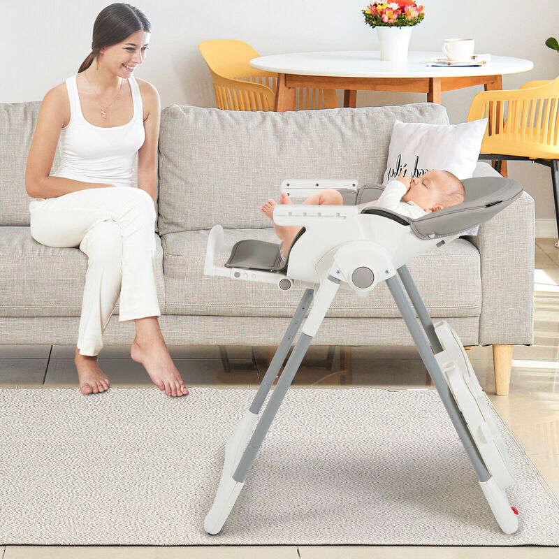Babyjoy dobrável cadeira alta do bebê com 7 alturas ajustáveis & barra livre dos brinquedos para o cinza do divertimento