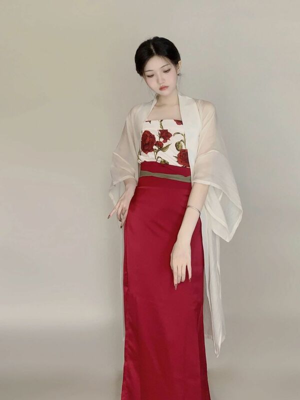 Chinese Tradicional Hanfu Set Verão Retro das Mulheres Loose Cardigan Top + Spicy Blossom Regata + Saia de cintura alta Conjunto de três peças