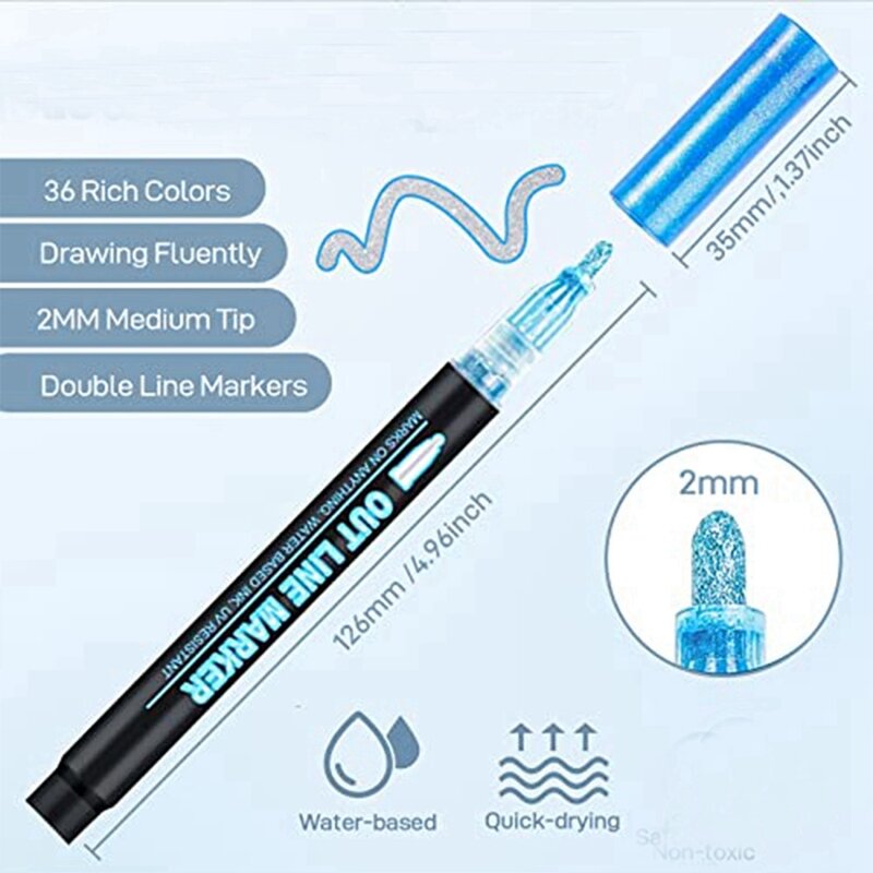 Outline Metallic Markers, Acrylic Paint Marker Paint Pen Glitter Drawing Pen For Wood, Rock Painting