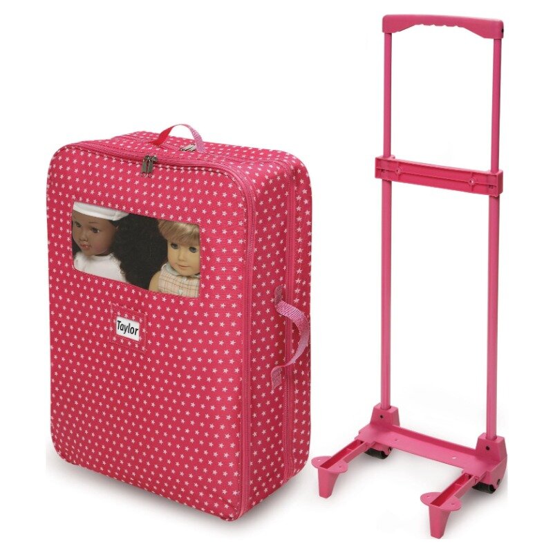 Transportador de muñecas de doble carro con dos sacos de dormir y almohadas, Rosa/estrella