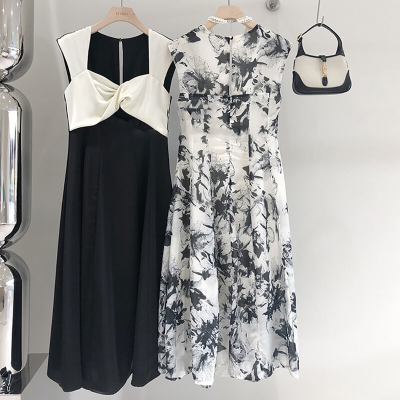 韓国スタイルのロングスカート,ハイウエストノースリーブのドレス,ストラップ付き,黒と白,夏の新作コレクション
