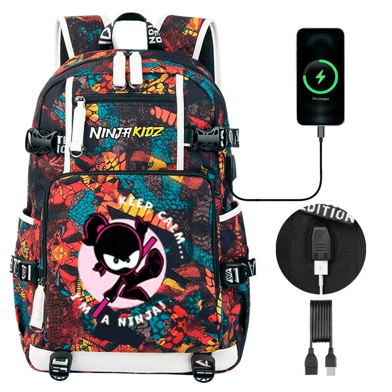 Mochila escolar NinjaKidz de dibujos animados de Anime para niños, Mochila de hombro para estudiantes, Mochila para computadora portátil USB para niños y niñas adolescentes, bolsa de viaje