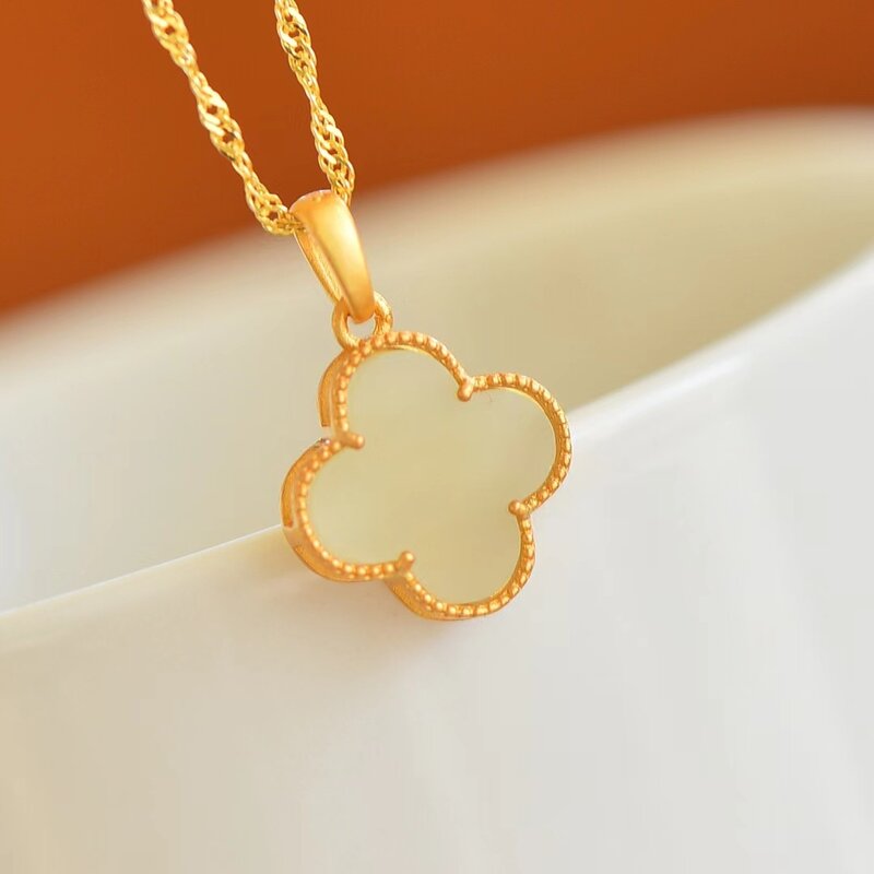 925 Silver Inlaid Hetian Jade Pendant Natural Lucky Stone Four-leaf Clover Necklace Pendants Retro Charm Jewelry Women Jewellery