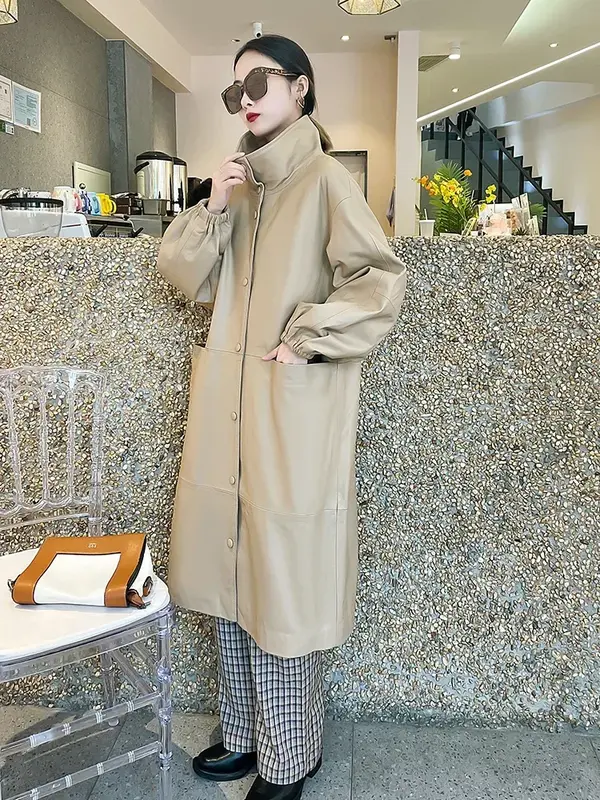 Tajiyane-정품 가죽 자켓 여성용, 진짜 양피 트렌치 코트, 긴 가죽 자켓 윈드브레이커, 2023 봄 가을