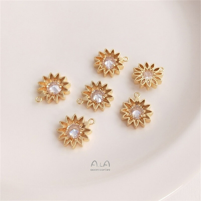 Emas 14K bertatahkan zirkon kecil bunga matahari aster liontin buatan tangan DIY gelang kalung aksesoris K149