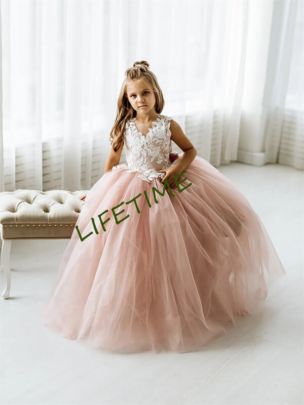 子供のためのピンクの花柄のドレス,レースのアップリケ,弓のボタン,花嫁介添人のイブニングドレス