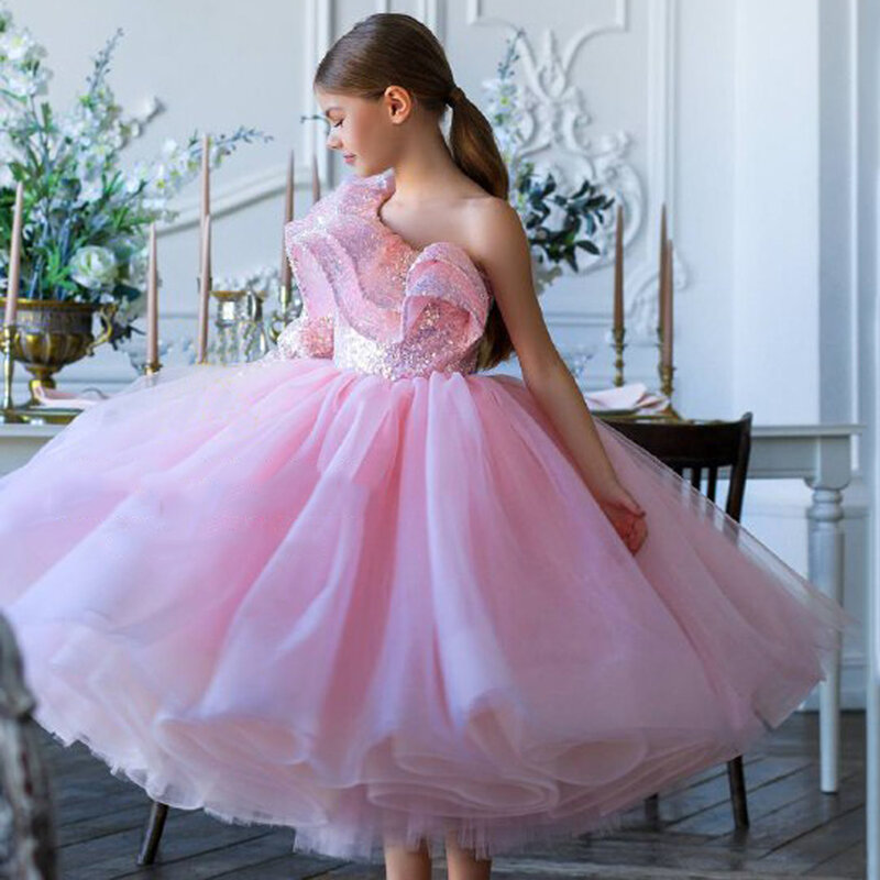 Красивое бальное платье с цветочным принтом, платье для девочки, блестящее Тюлевое платье на одно плечо с оборками и блестками для девочек, платье для первого причастия
