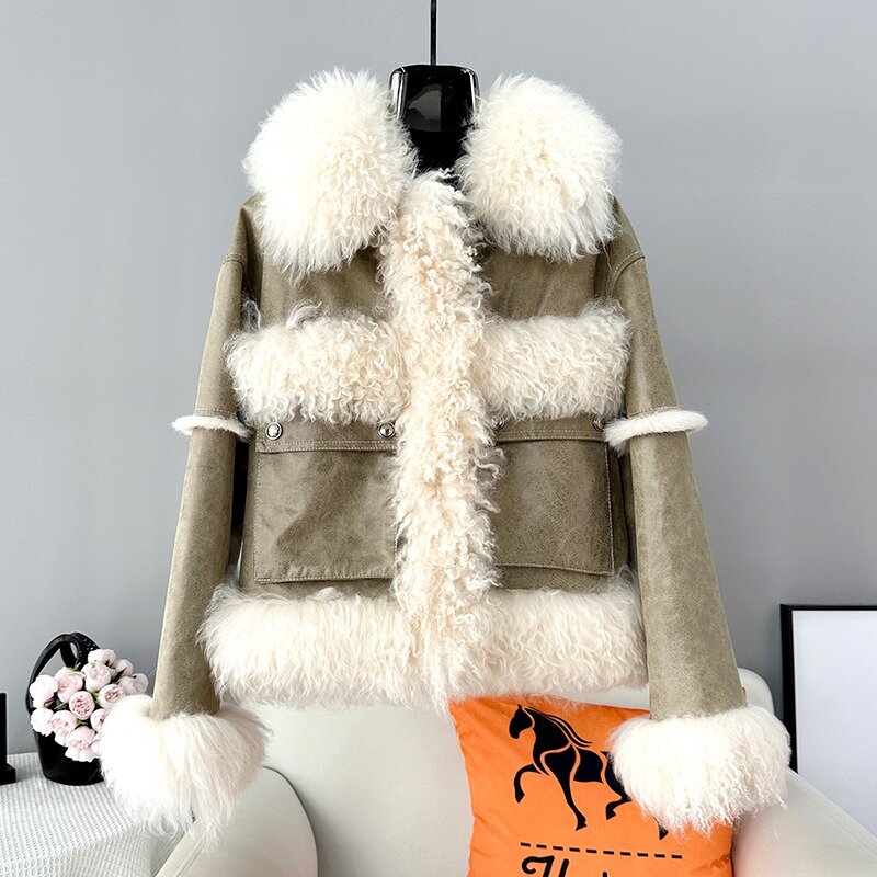 Mantel bulu kelinci pendek baru musim dingin 2023 jaket hangat gadis muda kerah Rambut domba kurus rambut asli modis JT442