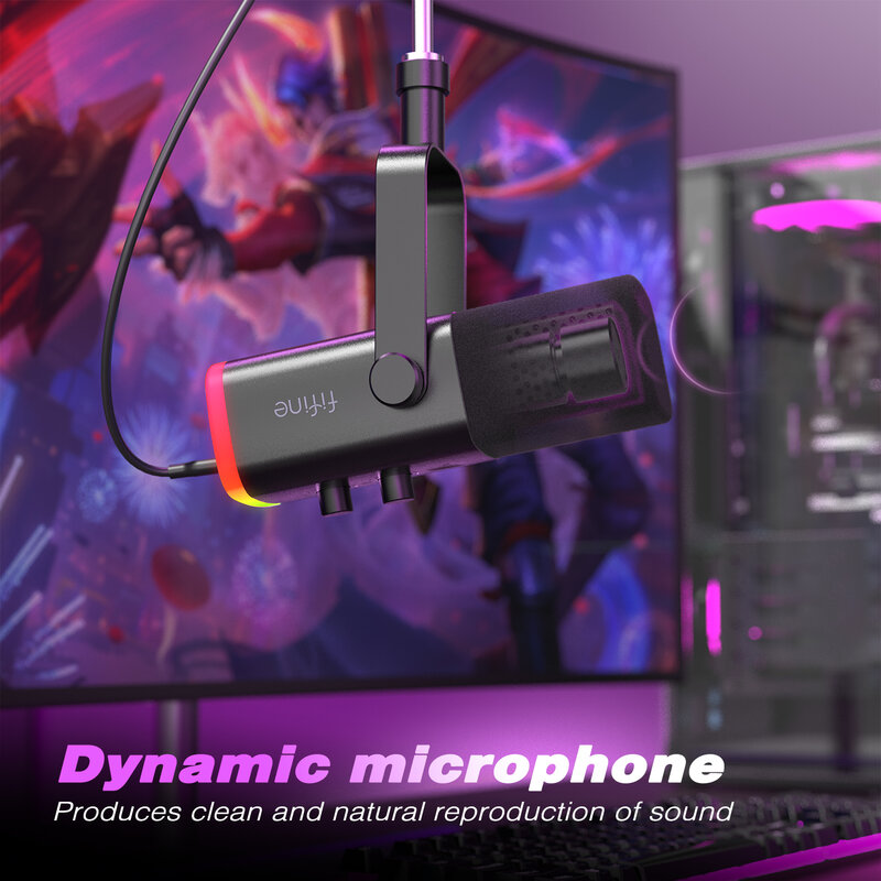 Microfono dinamico FIFINE USB/XLR con pulsante Touch Mute, jack per cuffie, controlli i/o, per mixer PC PS5/4, amplificatore per microfono da gioco AM8