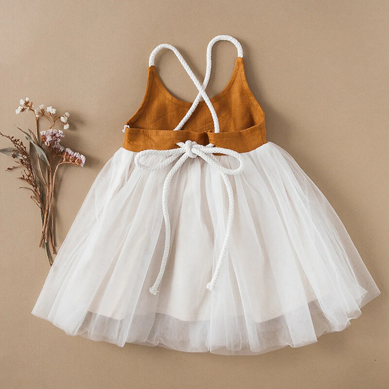 Girl's Strappy Backless Mesh Linen Dress 2024 Summer New Baby Girl Cotton And Linen Sleeveless Loose Vacation Gorgeous Dresses