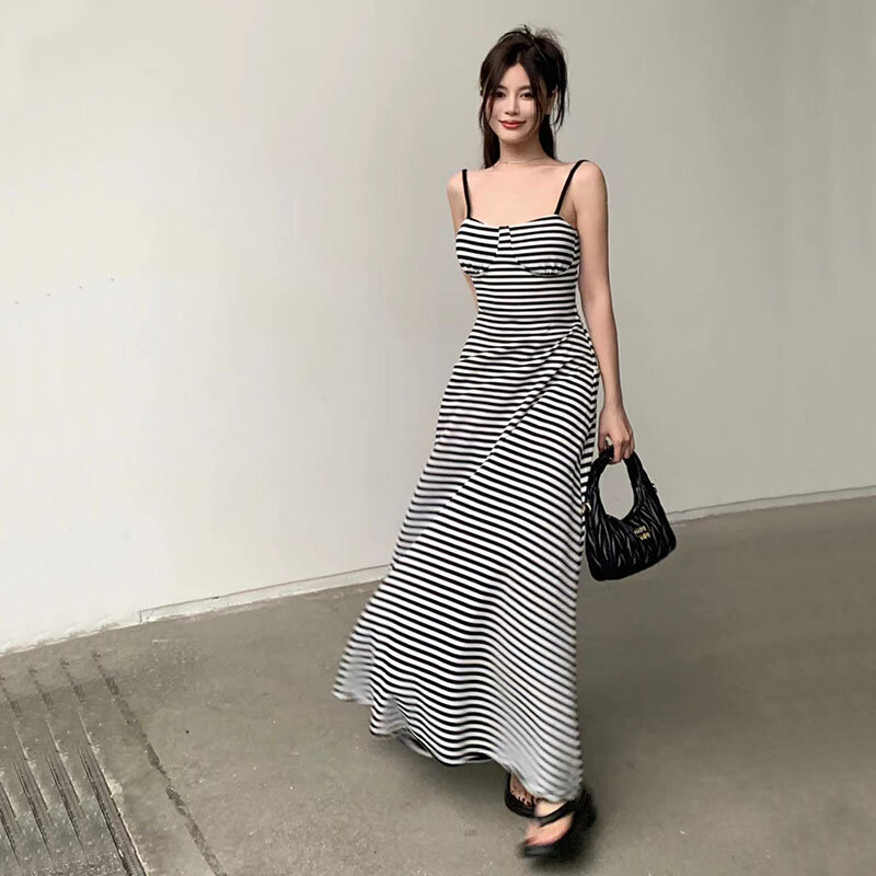 Streifen Cami Midi Kleid Sommer sexy rücken frei ärmelloses A-Linie Kleid Damen Harajuku koreanischen Strand urlaub lässig Hosenträger Kleid