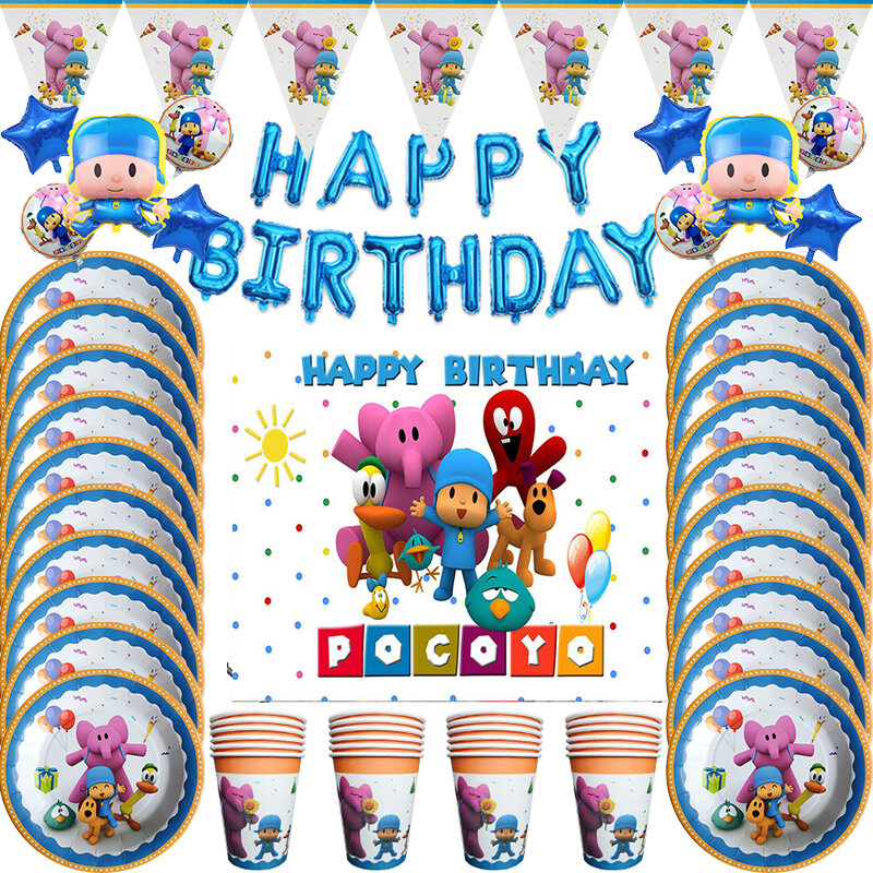 Pocoyoed Birthday Party Decoration, Talheres Descartáveis, Balão, Copo, Prato, Saco de Presente, Guardanapo, Toalha de Mesa, Banner para Crianças, Baby Shower