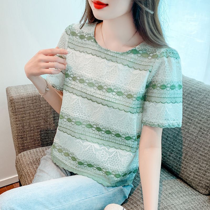 Striped Lace Women's 2024 New Summer Pullovers O-Neck Patchwork Fashion Loose Hollow Minimalist Casual Short Sleeved T-shirt Top