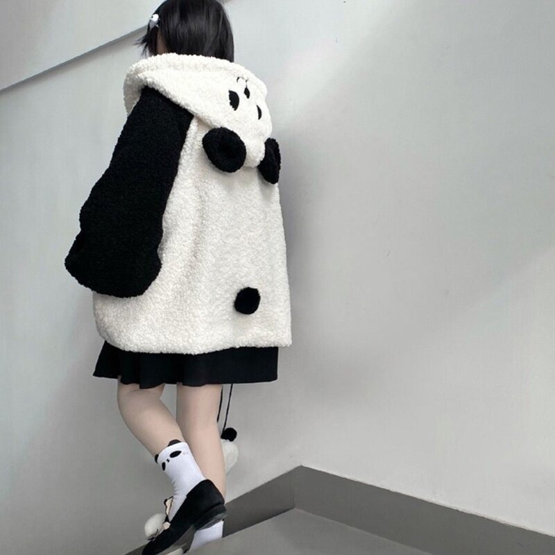 Women Winter Faux Fleece Hoodies Jacket Harajuku Kawaii Cartoon Panda Ears Long Sleeve Sweatshirt Oversized Button Down Plush