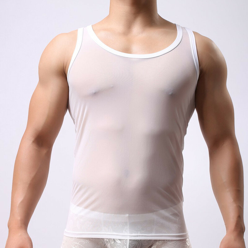 メンズ透明長袖Tシャツ,ゲイ服,ナイロンメッシュ,透明,セクシー