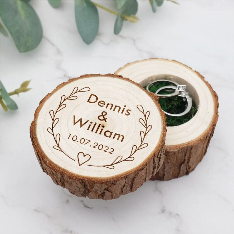 Caja de anillo de boda con grabado personalizado, soporte rústico de madera, decoración de boda