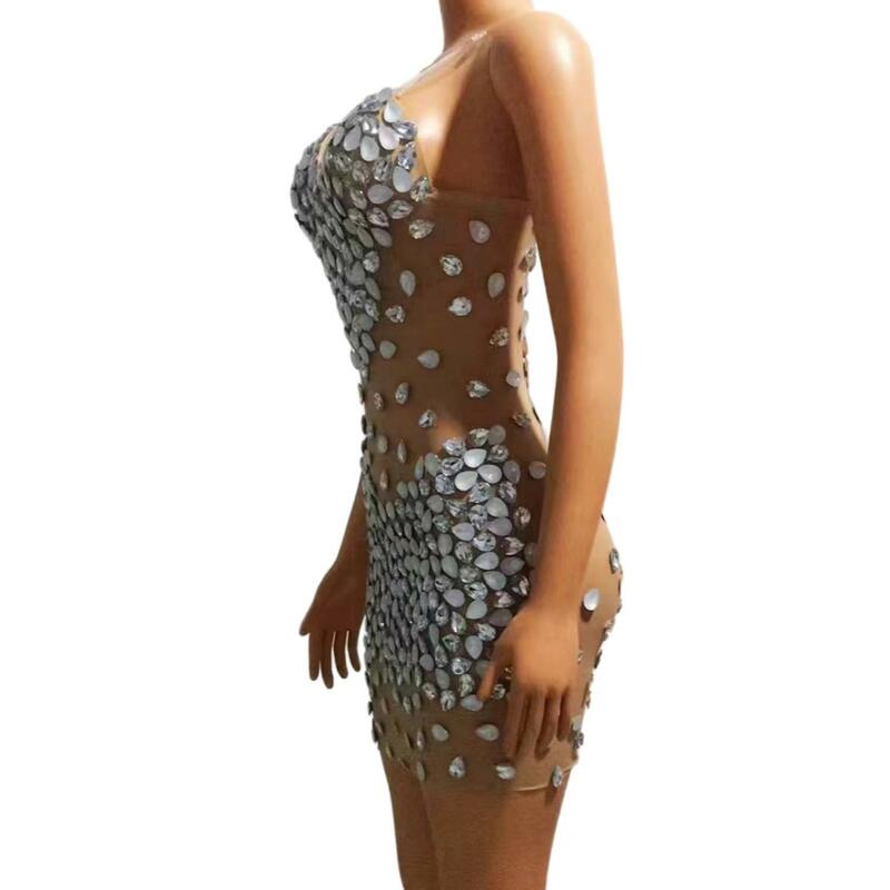 Vestido Sexy con diamantes de imitación para mujer, Falda corta ajustada, traje de fiesta de cumpleaños, ropa de actuación de club nocturno