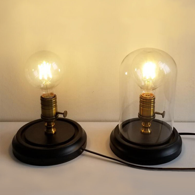 Lampu meja industri antik lampu meja Edison loteng hitam dasar kayu E27 lampu meja dengan saklar atau kap lampu kaca