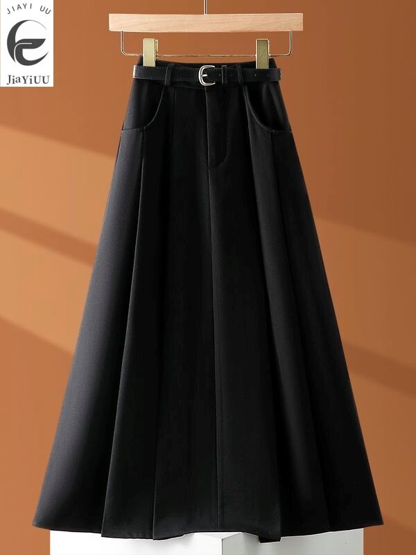 Damski wiosenny i letni czarny garnitur Pół ciała Nowa, drapowana spódnica z wysokim stanem, prosta, plisowana spódnica z dużym obszyciem