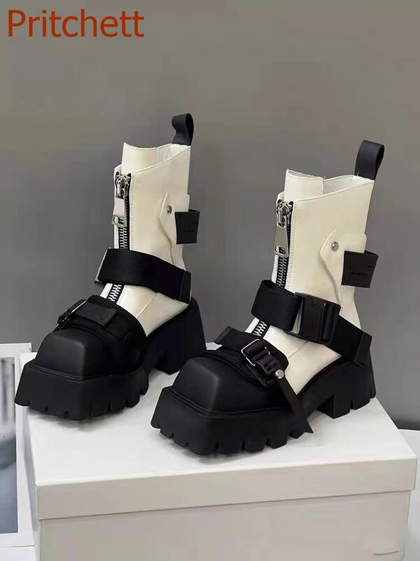 Botas de salto quadrado para mulheres, cor mista, design de nicho de meia panturrilha, fivela do cinto, sapatos confortáveis casuais, moda, 2023