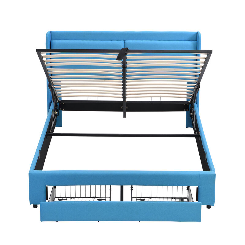 퀸 사이즈 스토리지 커버 유압 플랫폼 침대, 서랍 2 개, 파란색