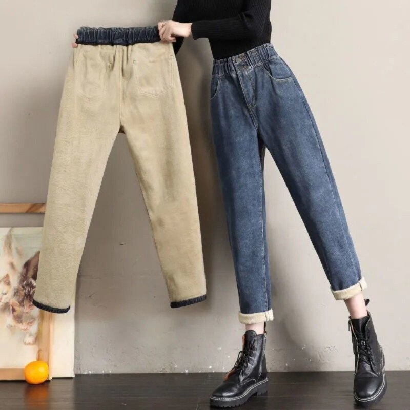 Jeans veludo com elástico na cintura alta feminino, calça jeans azul folgada, streetwear quente, moda coreana, harém, estudante, casual, inverno