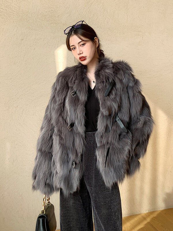 Manteau en fourrure de renard 100% naturelle pour femme, veste de haute qualité, tempérament Mujer